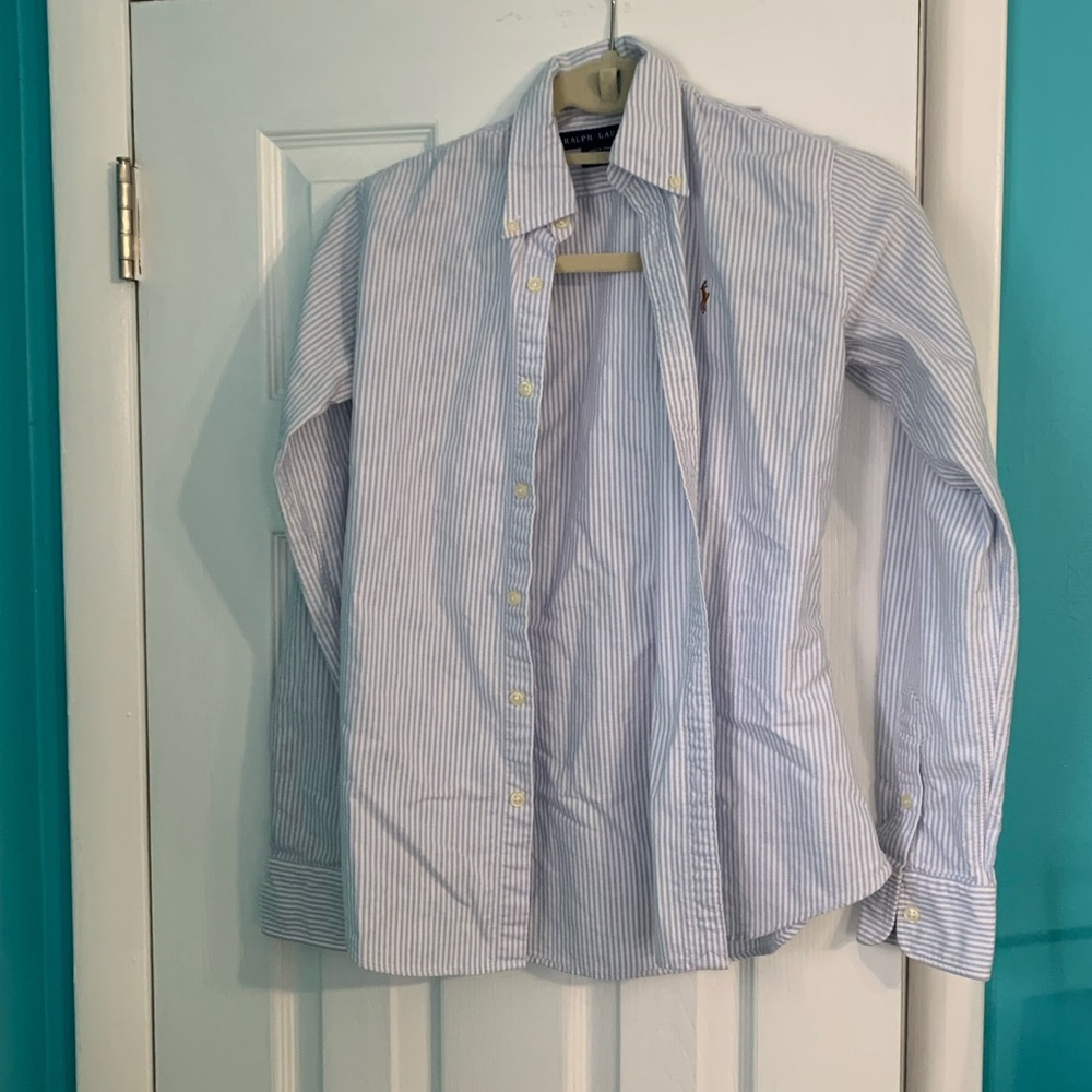 Women’s Ralph Lauren Slim Fit blue and white stripped dress shirt size 0